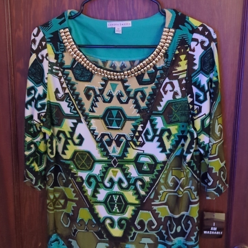 New with Tags Sandra Darren Green,Black, & Teal Short Sleeve Stretch Dress Sz 12 - Picture 2 of 7